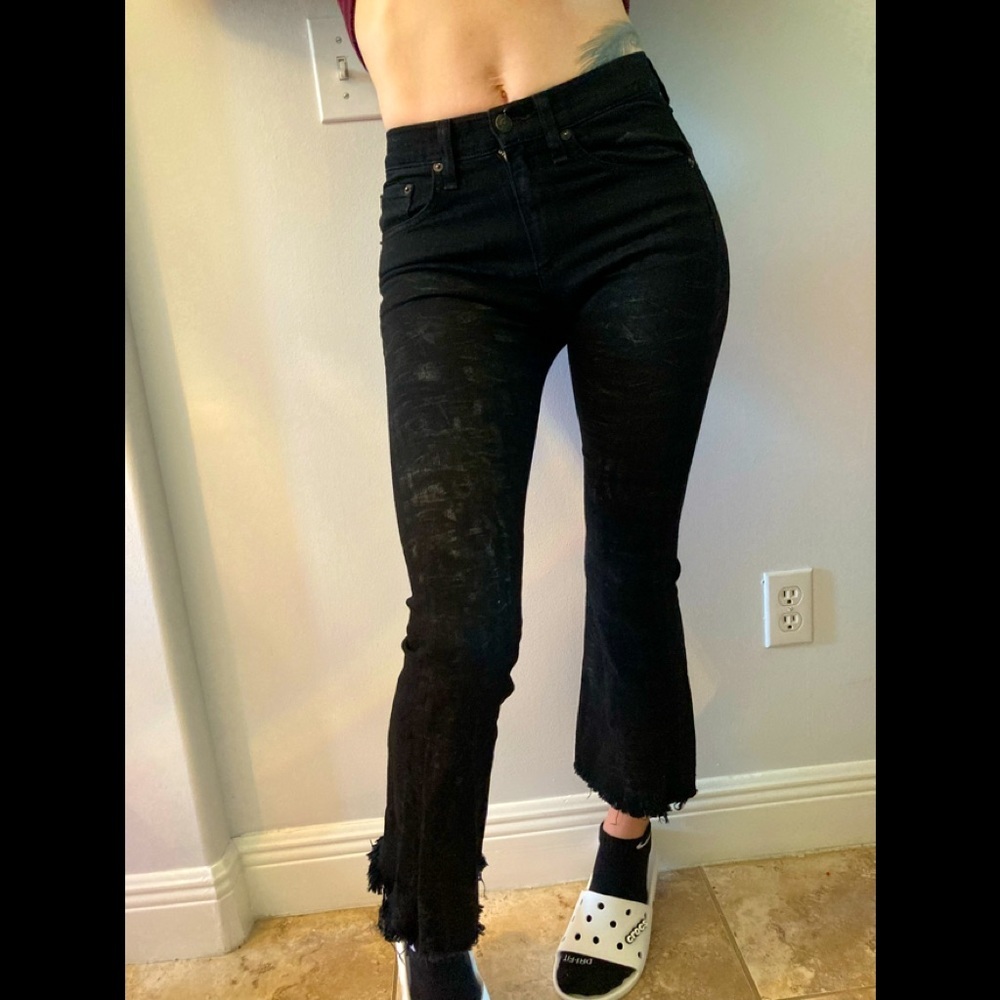 Rag and bone WAXED 3-D black stretch womens flare jeans size 0-2 stretch to 3-4 - Picture 6 of 11